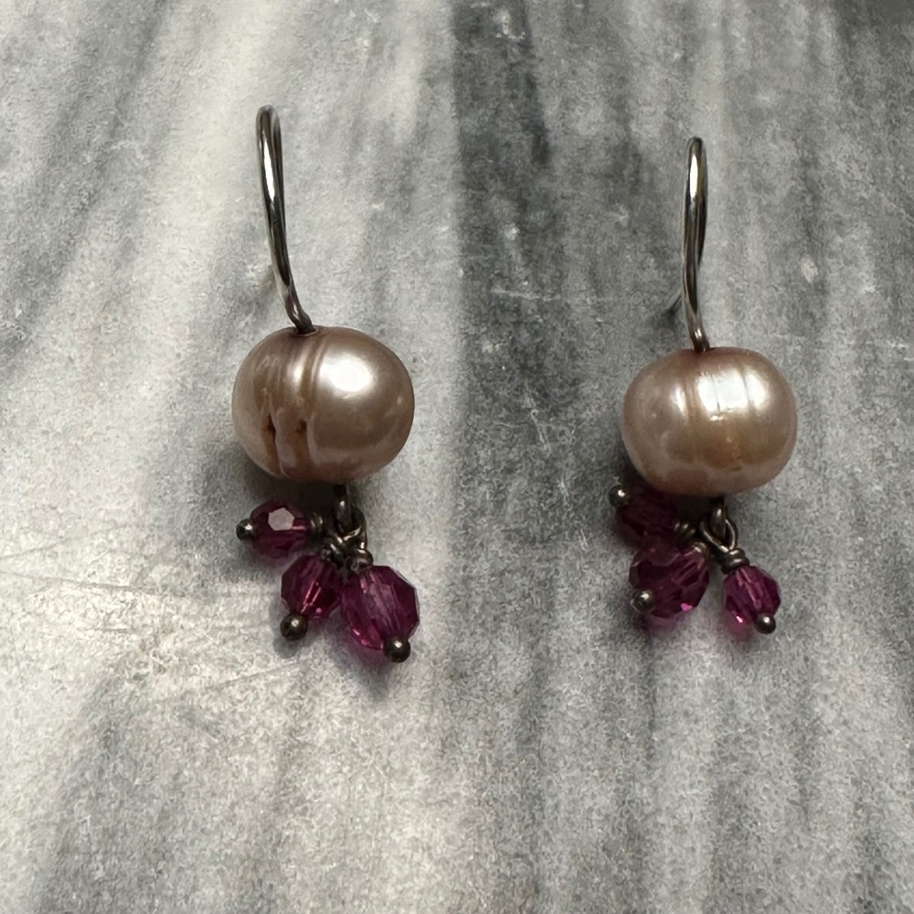 Sterling‎ Silver Champagne Baroque Pearl Garnet Crystal Dangle Earrings Hook